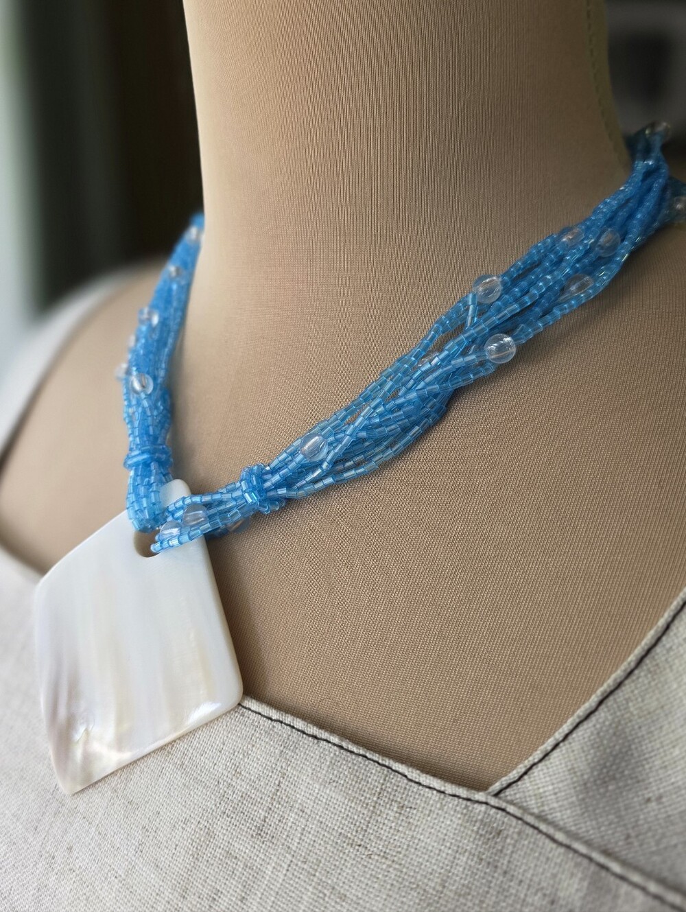 Vintage 22" Aqua Multi-Strand Beaded Necklace w/ 2" Square Abalone Shell Pendant - Picture 2 of 7